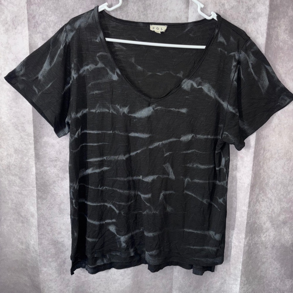 POL Women's M V-Neck Tee Women Black Acid Wash Tie Dye Slub Knit